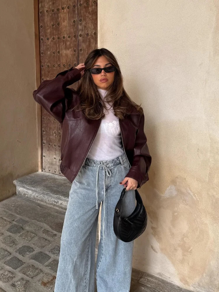 Fashion Solid Pu Leather Womens Warm Jacket Elegant Long Sleeves Zipper Crop Coats Autumn Female 241223