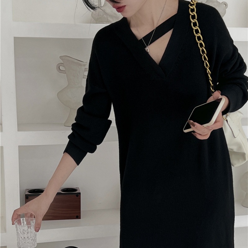 G699514 Large size knitted dress 2024 autumn and winter new loose solid color mid-length over-the-knee sweater for women