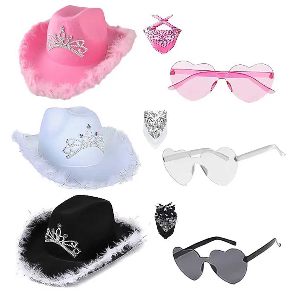 Pink Headpiece Western Cowboy Hat Set Womens Girls Curly Hair Fedora Cs Feather Edge Beach Cowboy Hat Shining Western Party C W241225