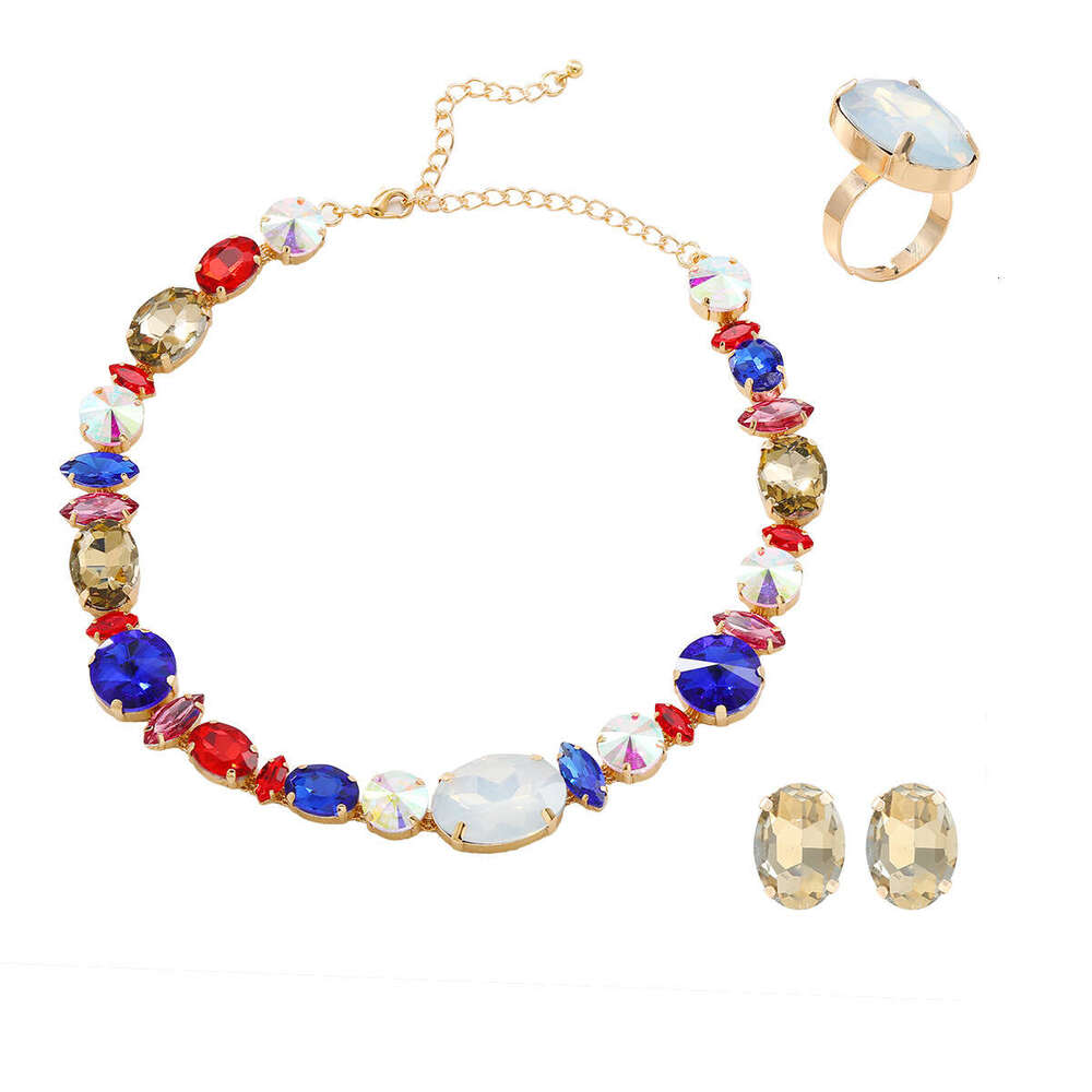 Autumn and Winter New Women's Fashion Colored Water Dia Inlaid Neck Chain Necklace Earnail Ring Jewelry Set