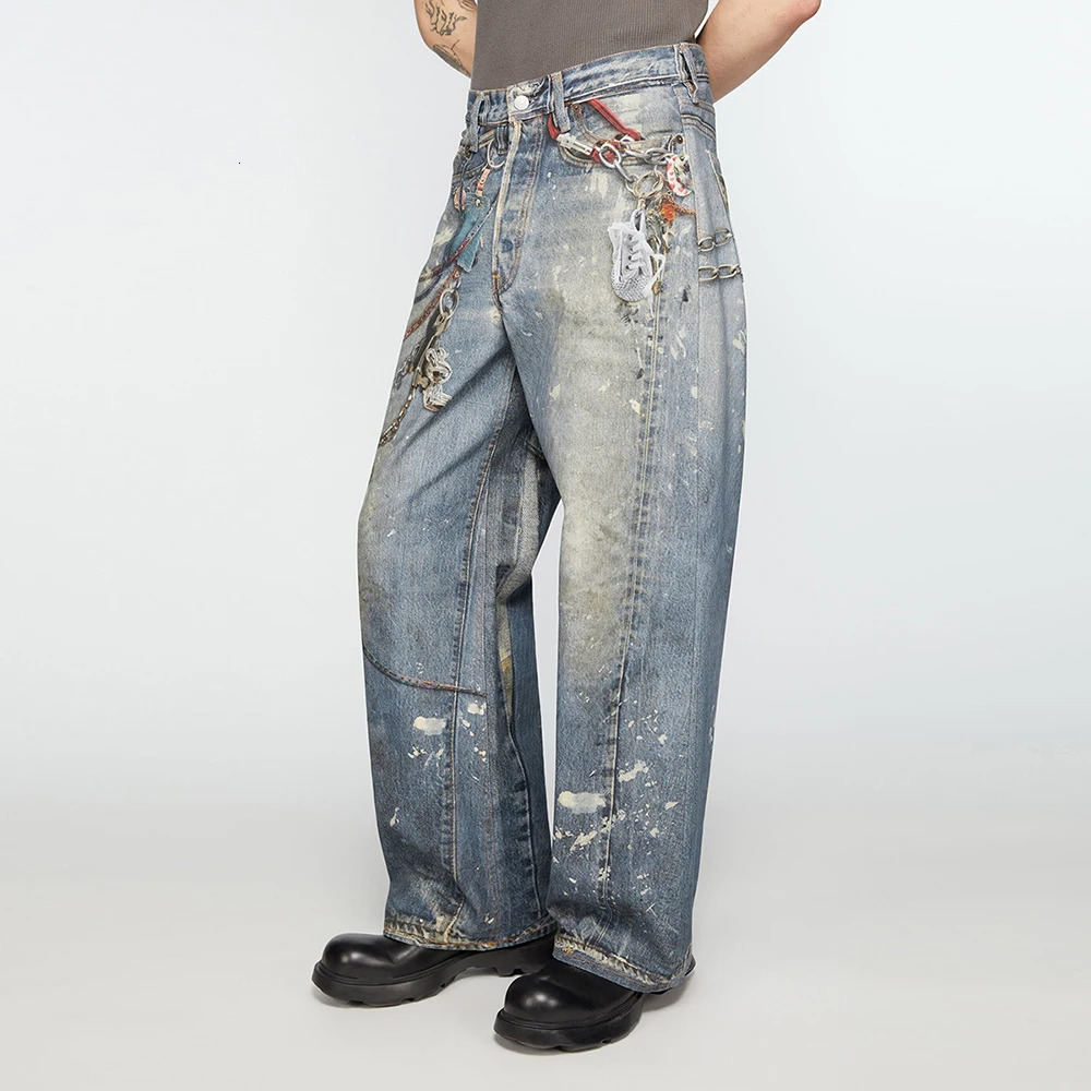 High Street Chain Print Frayed Washed Baggy Jeans for Men and Women Y2k Casual Loose Denim Trousers Ropa Hombre Casual Pants 241225