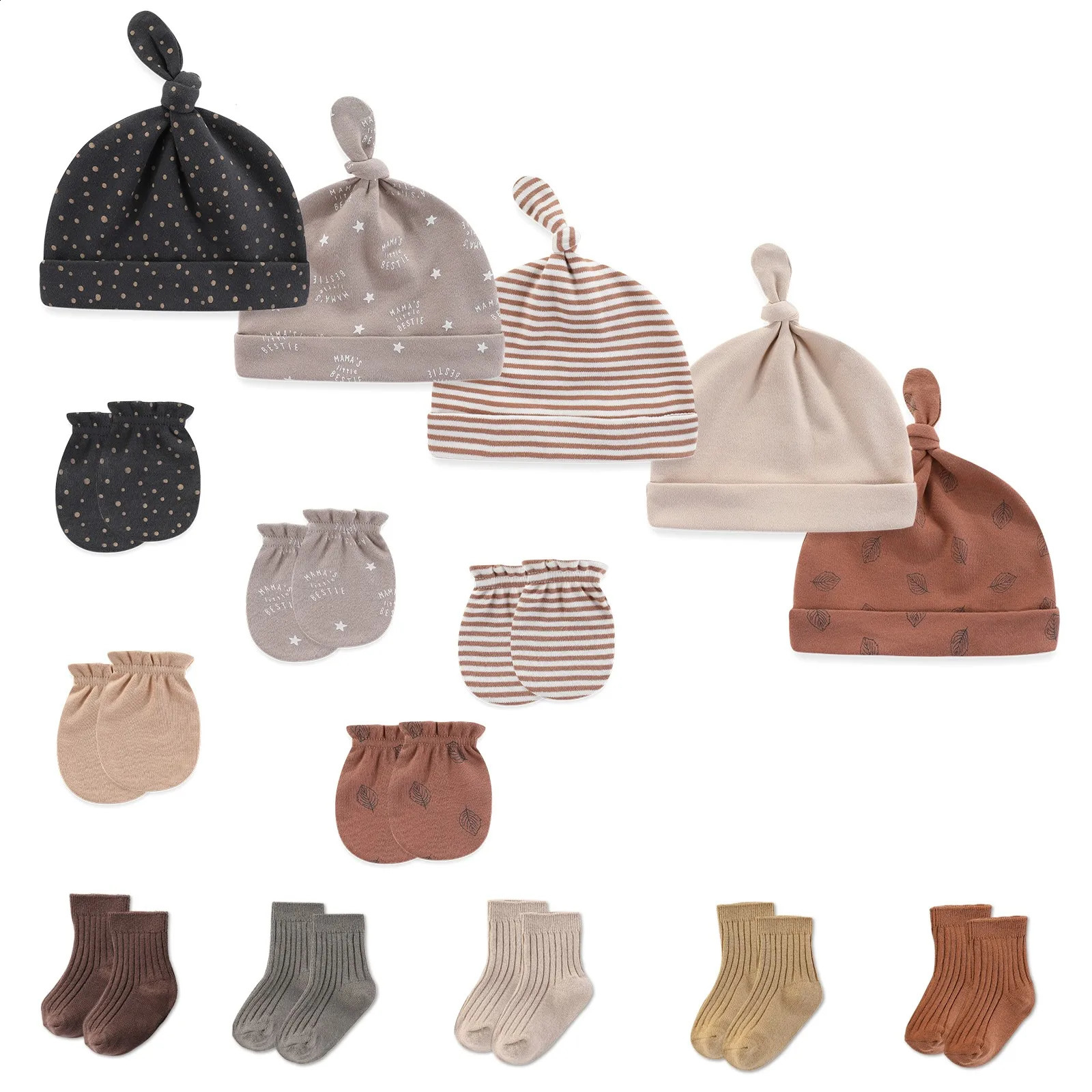 15Pieces Born HatsGlovesSocks Sets 100%Cotton Cartoon Baby Girl Boy Headwear 06M Solid Color Infant Supplies Accessories 241225