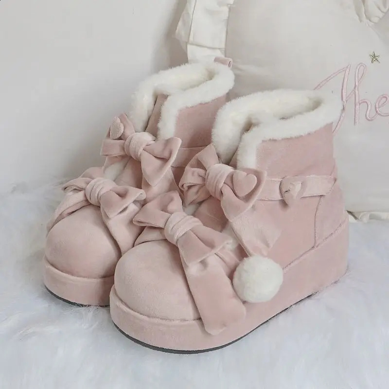 Lovely Girls Lolita Winter Ankle Snow BootsPlush Warm Hairball Bowknots Wedge Heel Heightening Platform Shoes241226