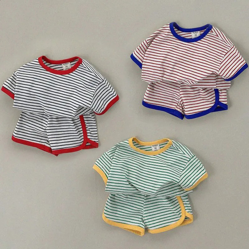 16Yrs Baby Girls Summer Striped Clothes Children Causal Cotton Short Sleeve TShirts Shorts 2Pcs Unisex Boys Loose Tracksuits 241225