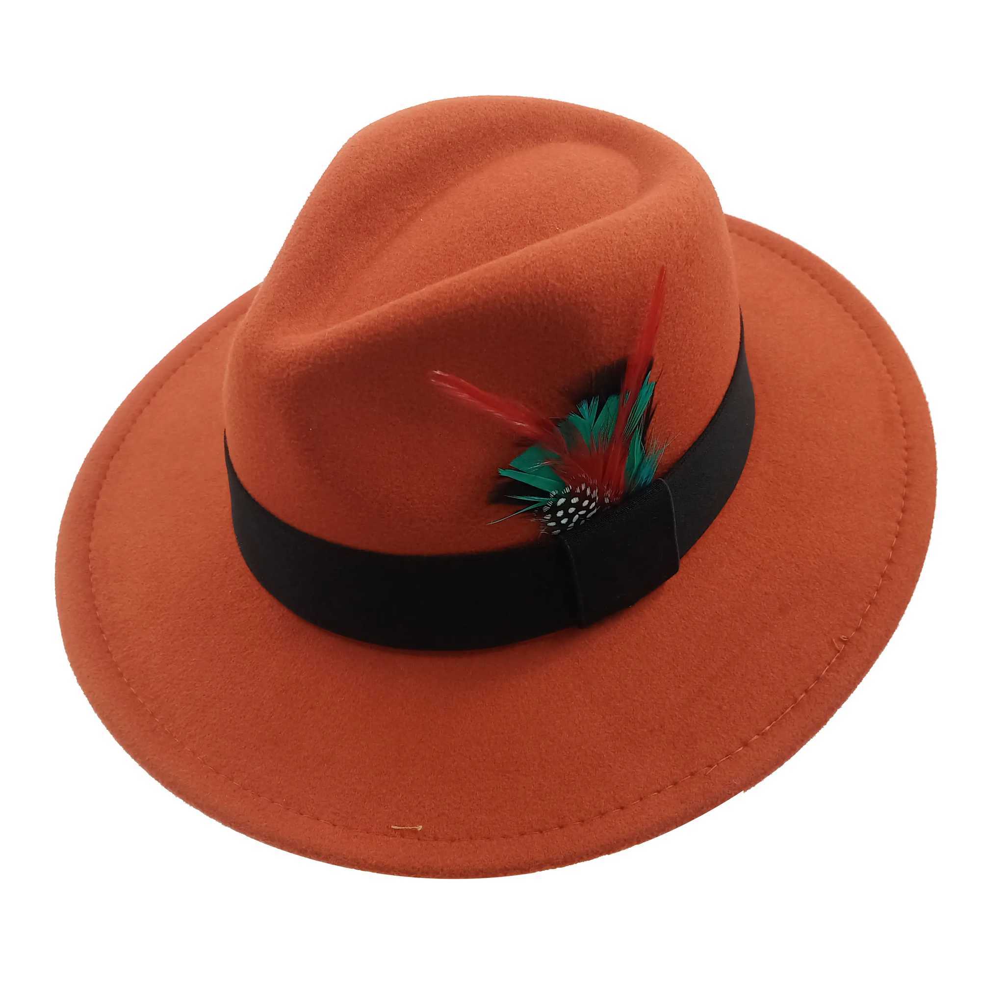 Red Feather Fedoras Mens Hat Spring and Autumn Jazz Hat Fashion Mens and Womens Pendant Church Panama Hat Wide Eaves Wholesale W241225