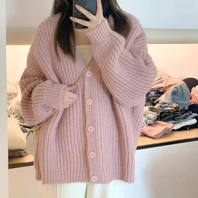 Rimocy Sweet Pink Knitted Cardigan Sweater Women Korean Long Sleeve V Neck Cardogans Woman Wild Button Up Jumper Coat Female 241225