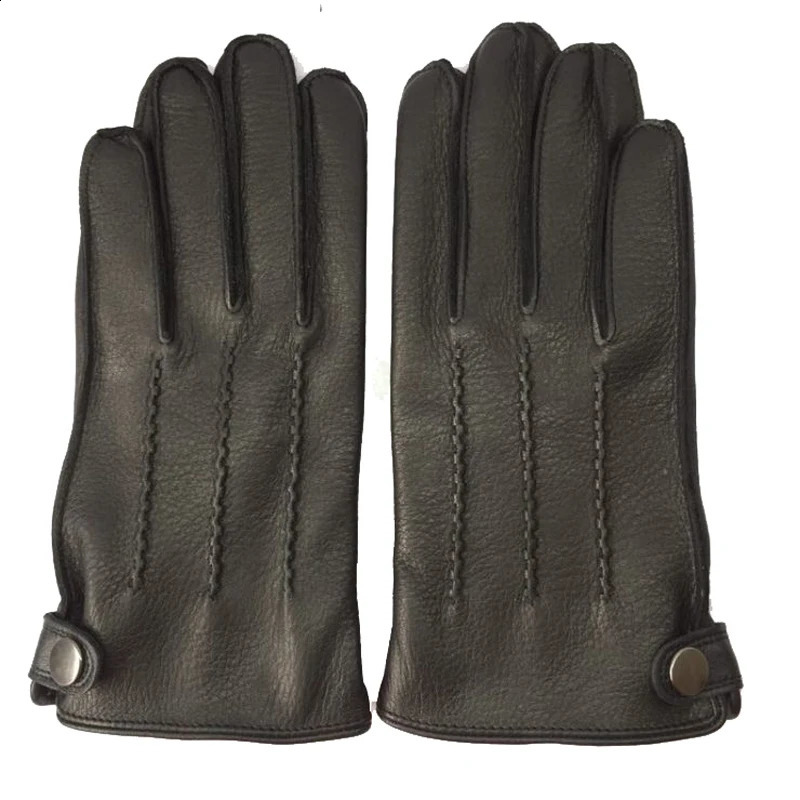 Winter Men Genuine Leather Deerskin Thick Velvet Warm Gloves Male Sewing Black/Brown Thicken Luva Deri Eldiven 241226