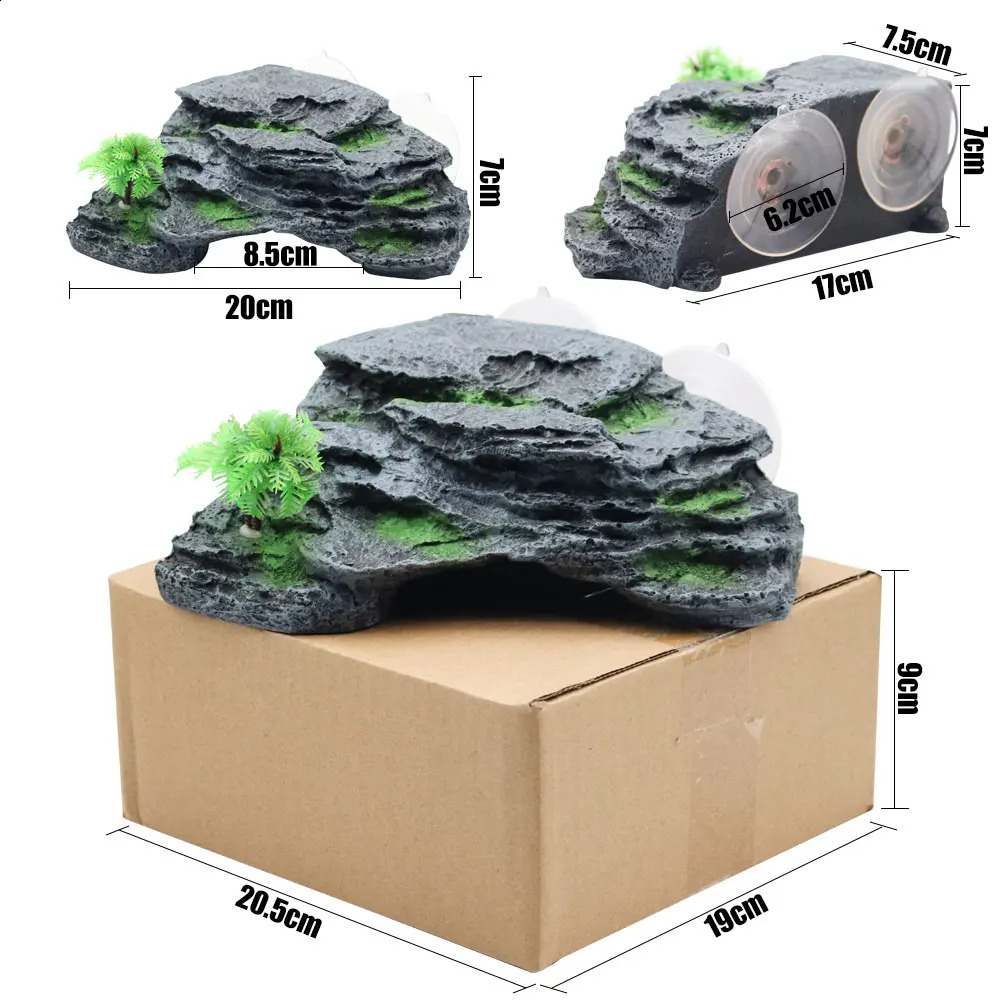 Turtle Basking Platform Terrace with Suction Cups Reptile Resin Aquarium Decor Fish Tank Decoration Rock with Plastic Plant 241225