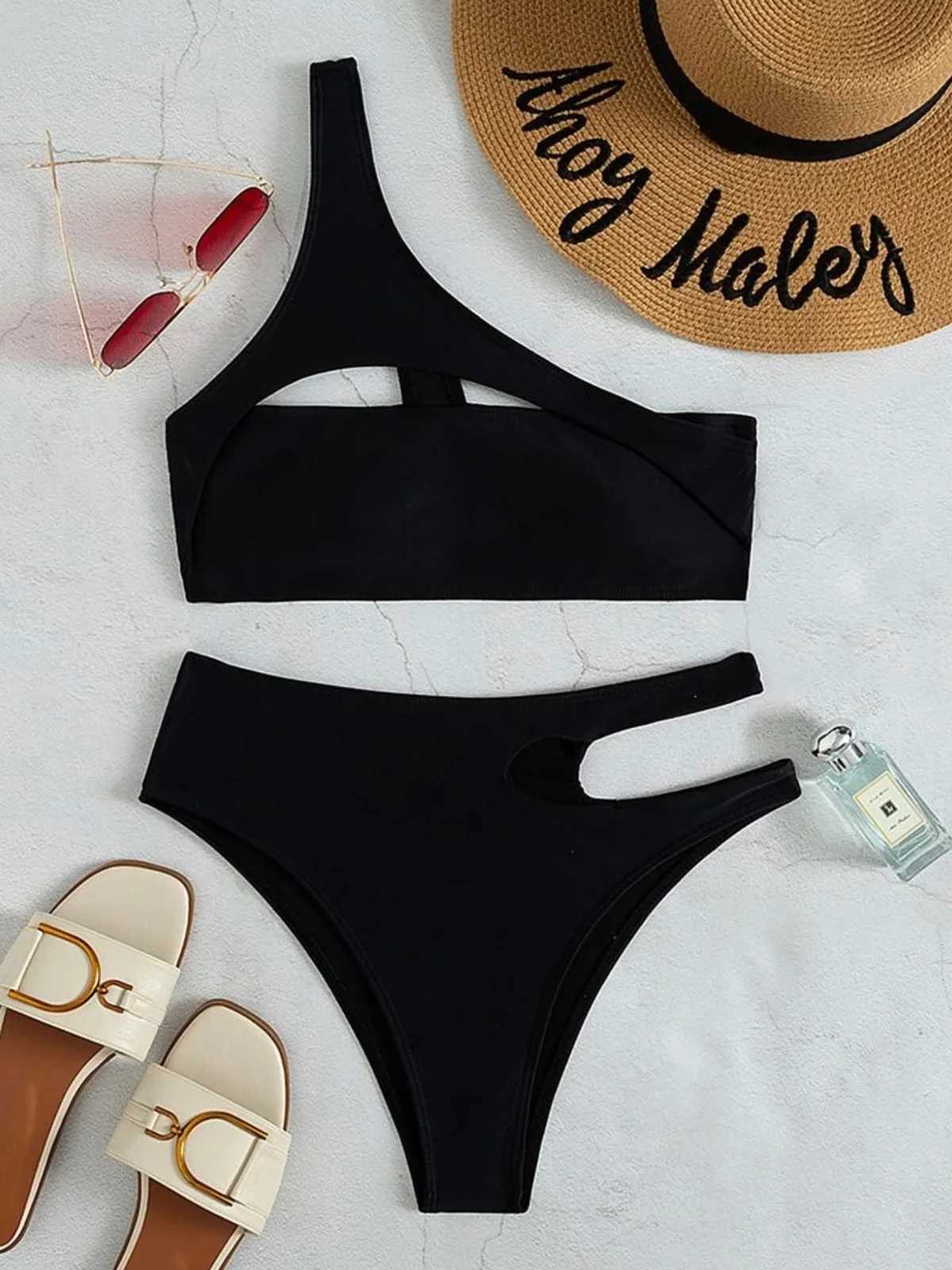 Sexy one shoulder cut high waist bikini womens swimsuit womens swimsuit two-piece bikini swimsuit bathroom swimsuit K466W241225