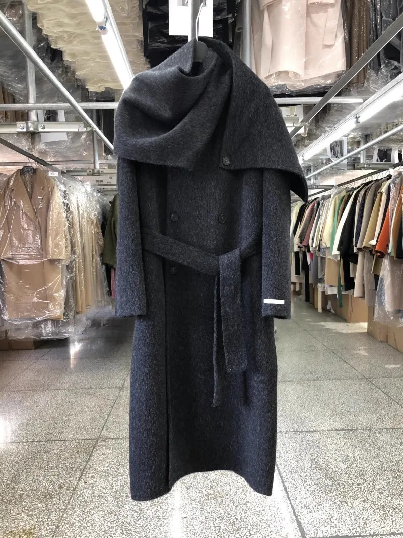Elegant Big Scarf Collar Double Breasted Wool Coat Women Loose Korean Fashion Cashmere Winter Jacket 241225