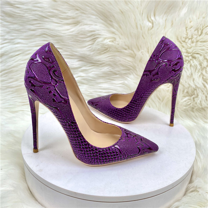 Purple Woman High Heeled Shallow Mouth Pointed Toe Slip On Unique Four Season All Game Pattern Snakes Shoes