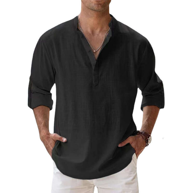 Men's Wear New Cotton En Casual Lightweight Long Sleeve Henley Beach Hawaiian T Shirts For Men