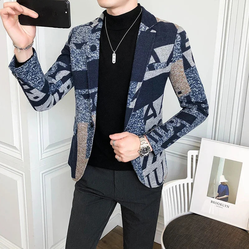 Retro Wool Blazer for Fall/winter 2024 Men Letter Printed Blazer Slim Business Party Prom Fashion Wool Jacket Men Clothing 241223