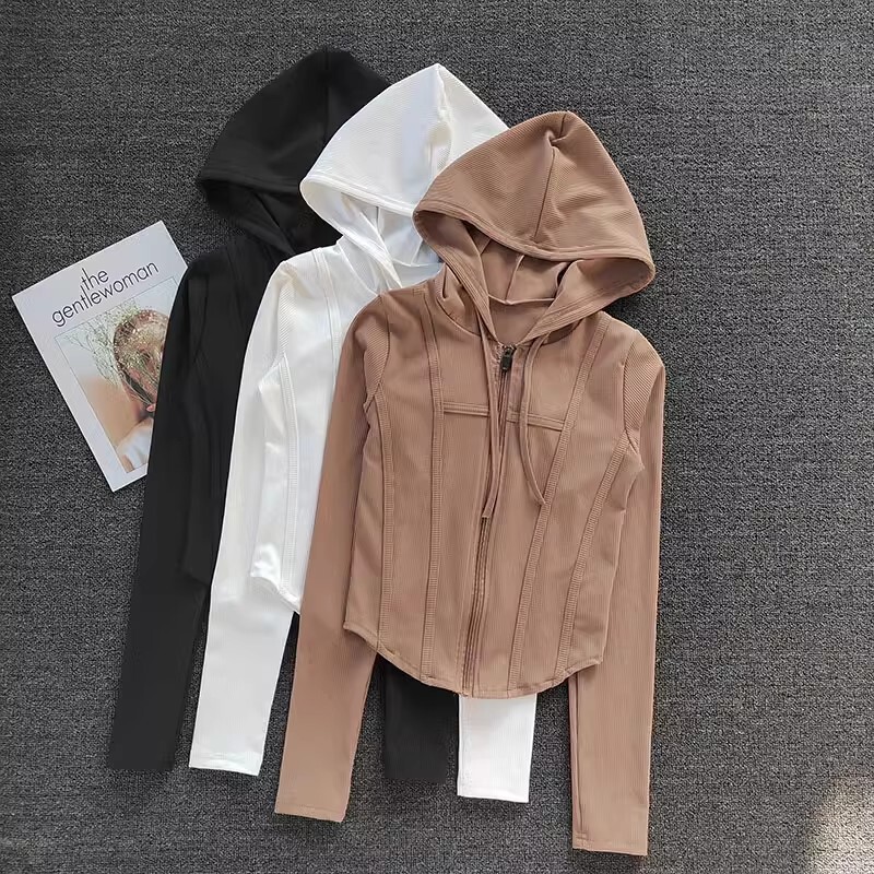 Women's Coat Short Fiess Yoga Shirt Cycg Running Coats Zipper Jacket Hooded Long Sleeve Sports Jacket
