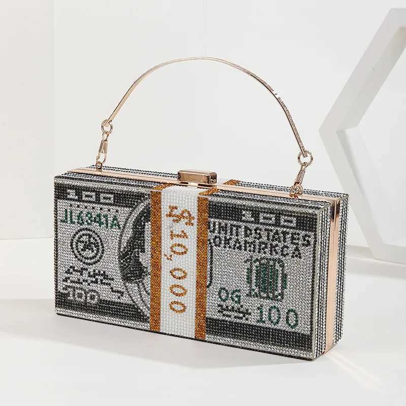 High Quality Luxury rhinestone pearl chain evening bag womens clutch wallet small square box dollar pattern casual shoulder messenger bag T241225