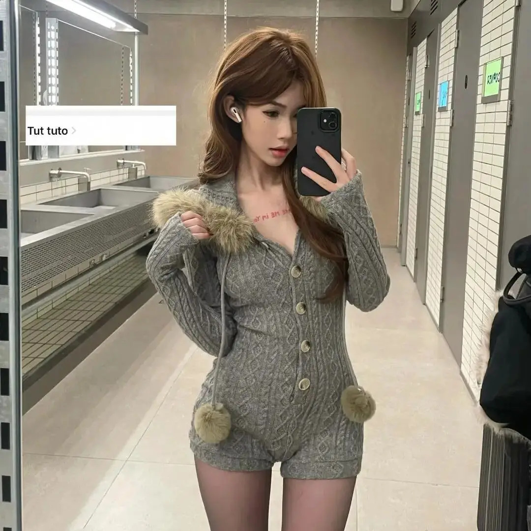 Jumpsuit Women Winter Versatile Fashionable Soft Lazy Slim Hooded Small Fur Collar Ins 241224