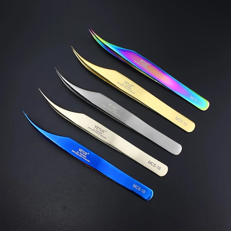 100% VETUS MCS18 /19 Rainbow Tweezers False Eyelash Extension Tweezer Stainless Steel Dolphin tweezers 5 color choose 241223