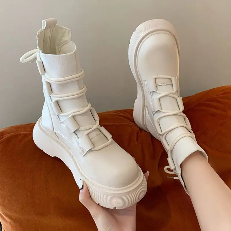Women Shoes Autumn Winter Ankle Boot Round Toe Rubber Ladies Solid Slip-on Booties Lace Up White Mid-Calf Boots 40 241226