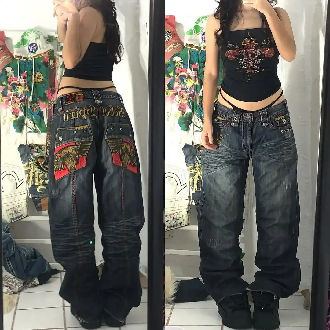 Y2K American Streetwear Gothic Skull Embroidery Wide Leg High Waist Washed Jeans Retro Loose Jeans Patch Pants 241224