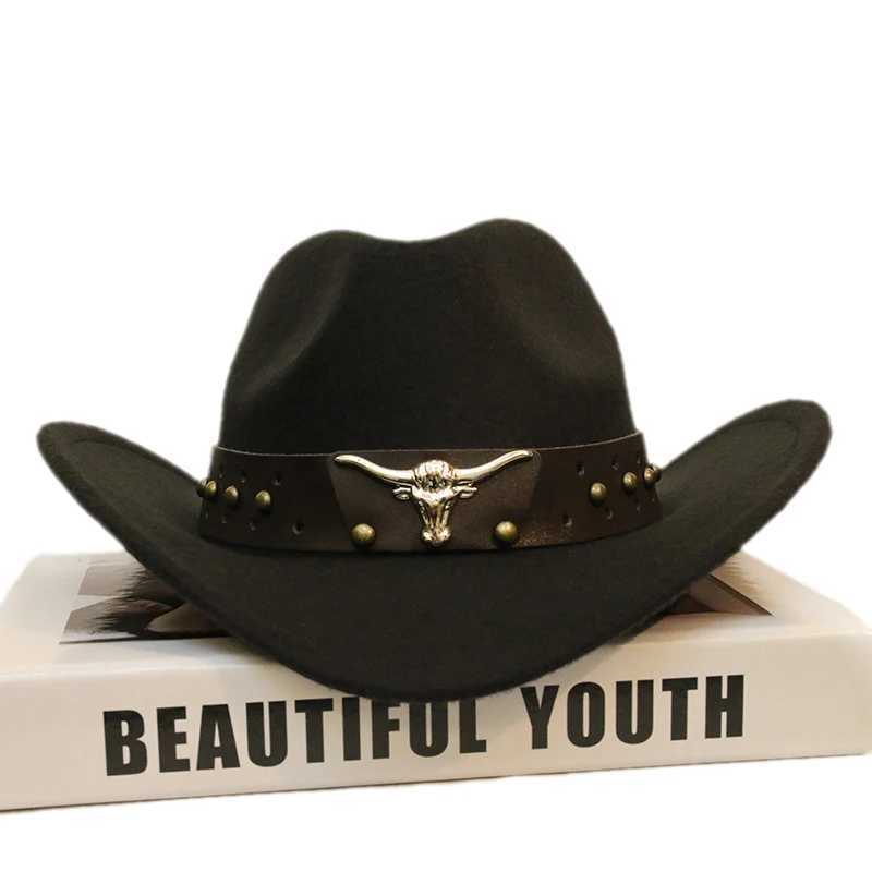 Retro Cow Head Rivet Belt Neutral Womens/Childrens Wool Wide Brown Sun Cowboy Western Cowboy Hat C 54-57-61cm W241225