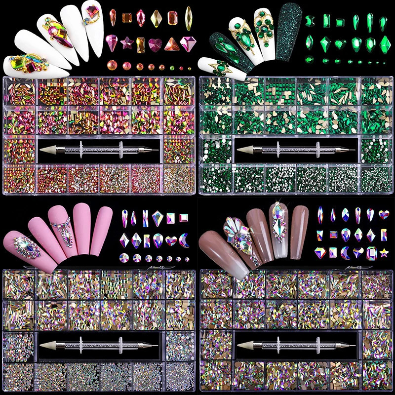 Shiny Diamond Nail Art Rhinestones Kit Glass Crystal Decorations Set 1pcs Pick Up Pen In Grids Box 21 Shapes of 2800pcs 241226