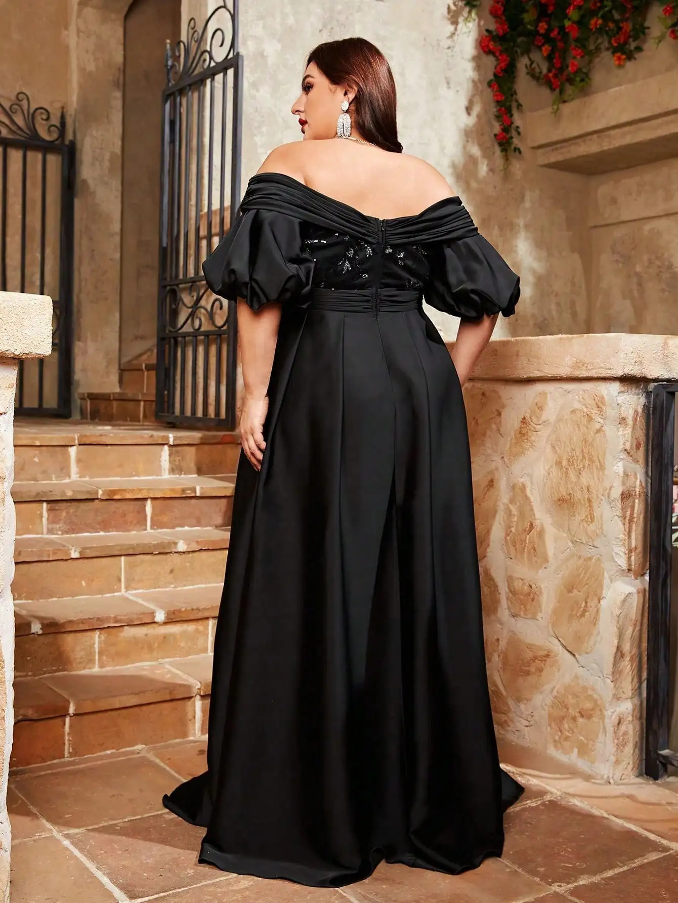Mgiacy plus size Line neck puffy sleeve satin spliced sequin retraction long skirt Evening gown PROM dress Party dress 241225