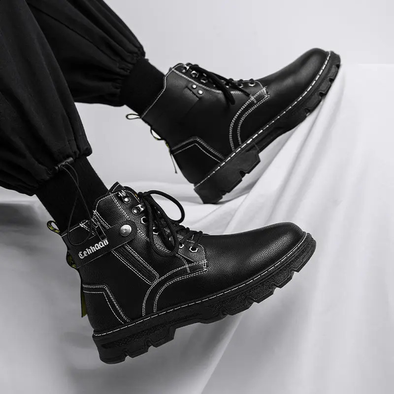 Man Shoes Waterproof High Cut Boots for Men Spring Autumn Lace Up Leather Black Classic Low Price Offer Fashion Sale Casual 241226