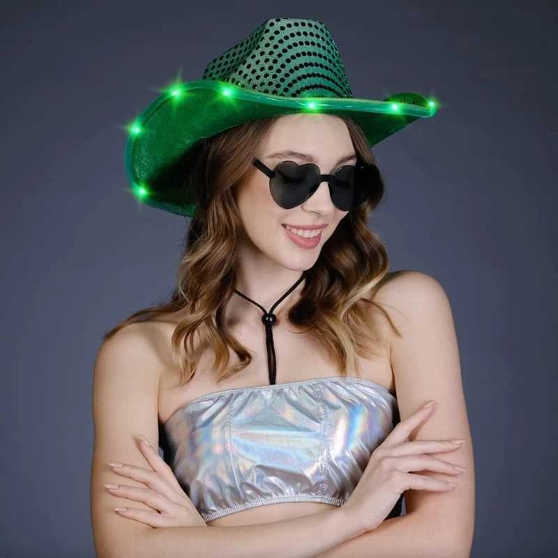 Womens glowing green sequin denim hat wide Brim bride LED lit Brim hat W241225