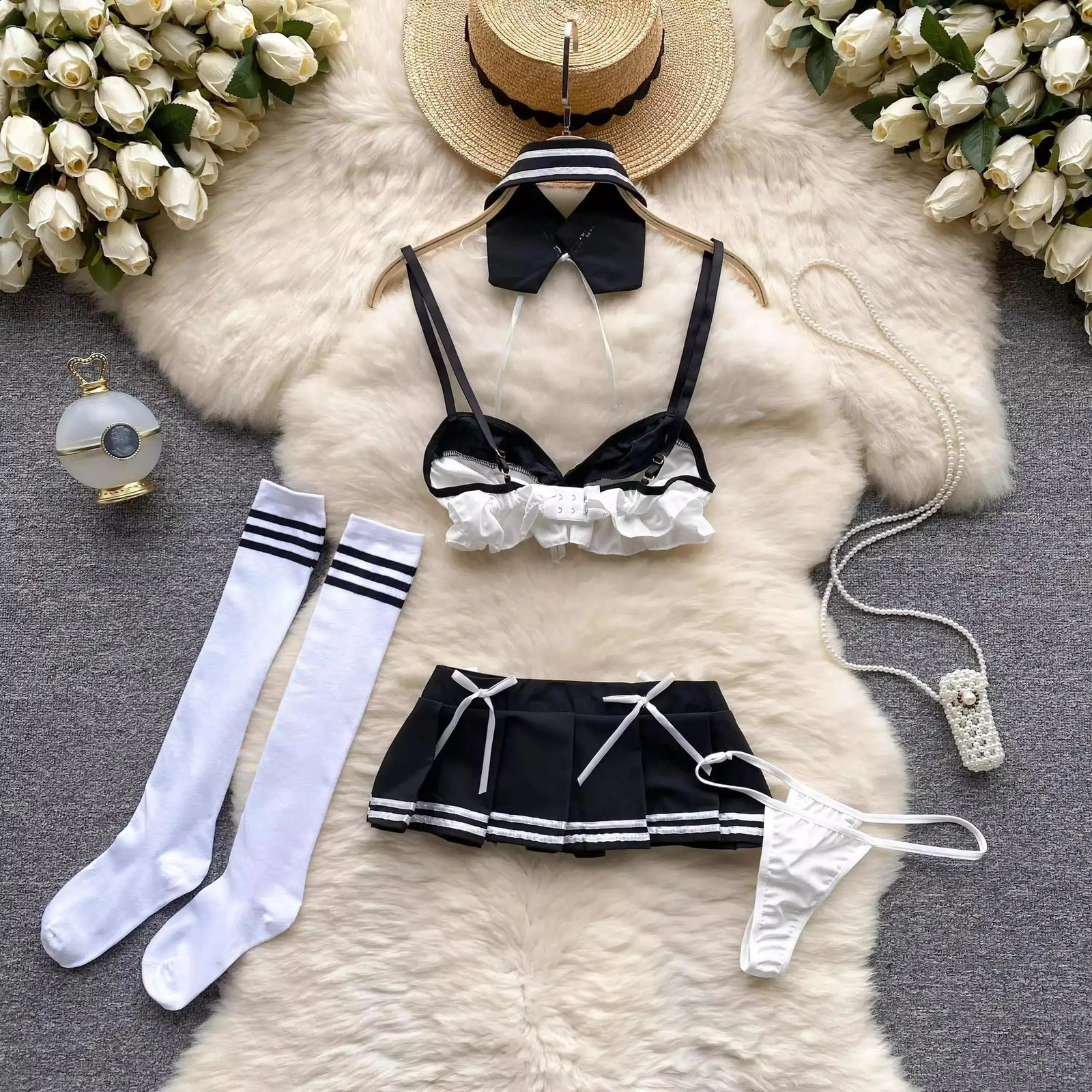 Japan Girls Vintage Cosplay Costume Sexy JK Uniform Skirt Suits Pajamas Outfits Erotic Striped Bow Tie Pleated Skirts Set 241226