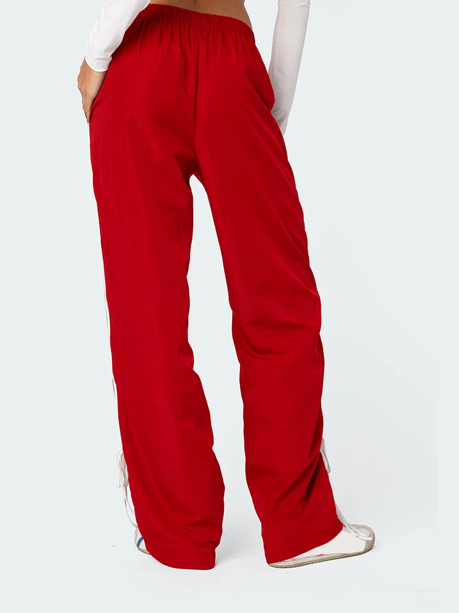 Women Side Striped Sweatpants Elastic Waist Bow Trim Wide Leg Track Pants Y2k Baggy Straight Trousers 241225
