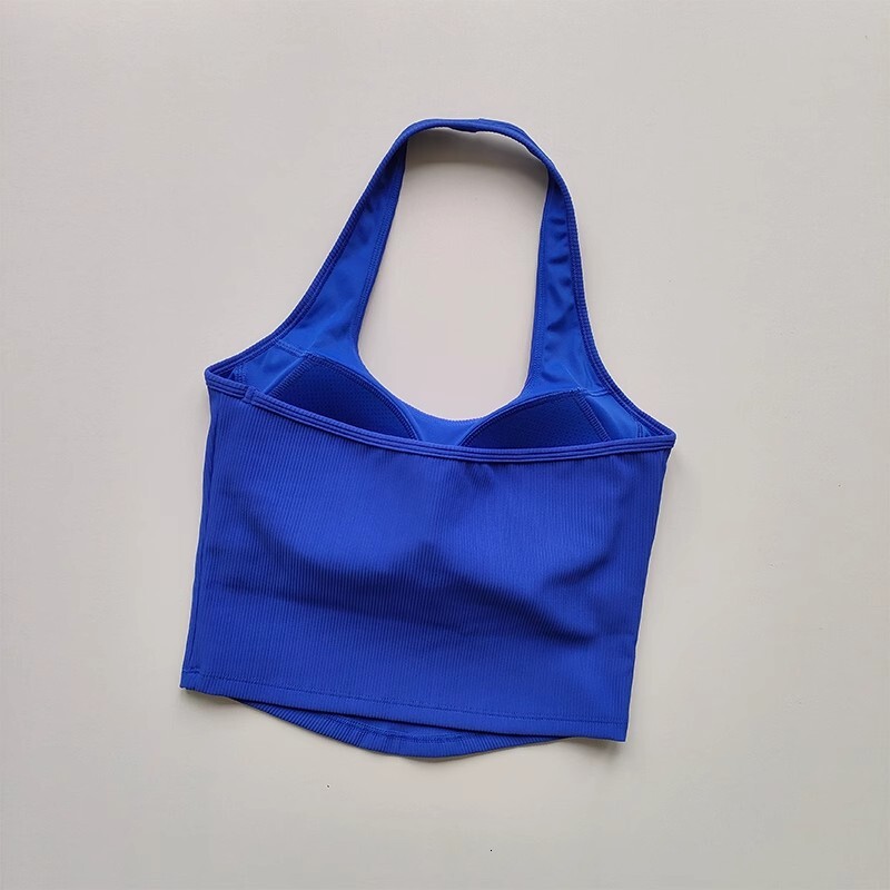 2023 Summer Sexy Sports Rib Sport Top Underwear Women's Running Gathered Hanging Neck Fiess Vest Fixed Padded Yoga Bra