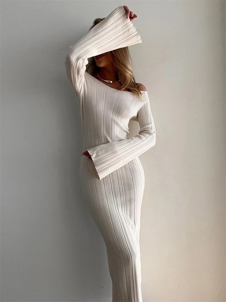 Tossy Autumn Backless Elegant Long Dress For Women High Waist Ribbed Slim Long Sleeve Off-Shoulder Party Dress Female Clothes 241224