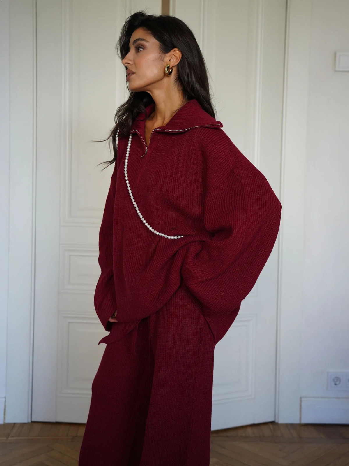 Woolen Suit Solid Color Half Zip Top Two Piece Set Of Elastic Waisted Pants Fashionable Autumn And Winter Womens Clothing 241224