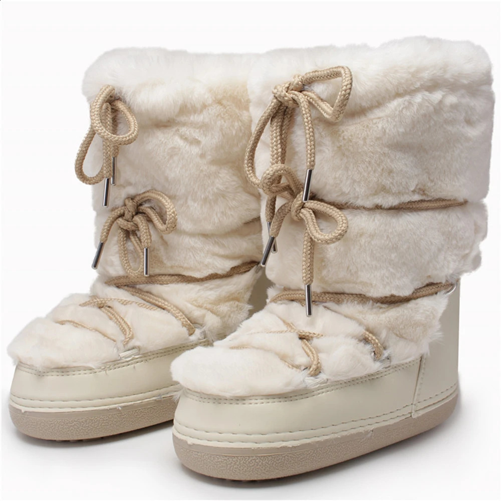 2024 Winter Boots Mid-calf Rabbit Fur Snow Boots Women Fluffy Furry Fur Cotton Boots Lace-up Waterproof Cotton Boots241226