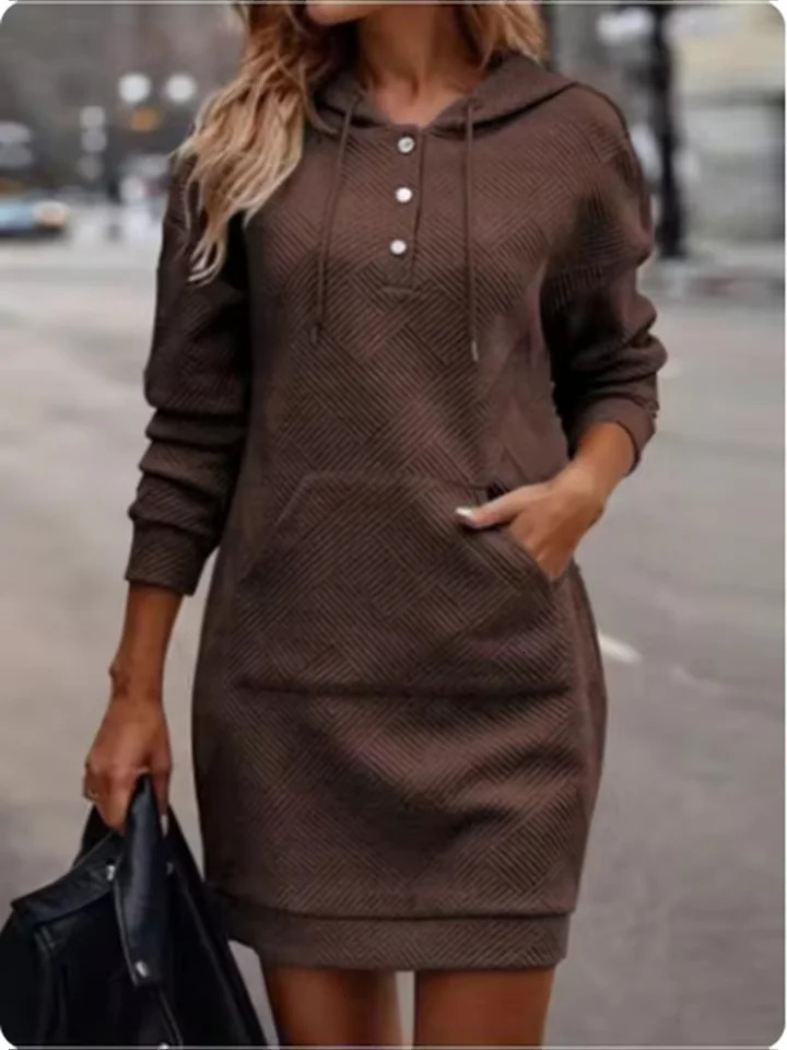 Button Hooded Pocket Pullover Top Womens High Street Casual Comfortable Autumn Winter Solid Color Mini Dress 241223