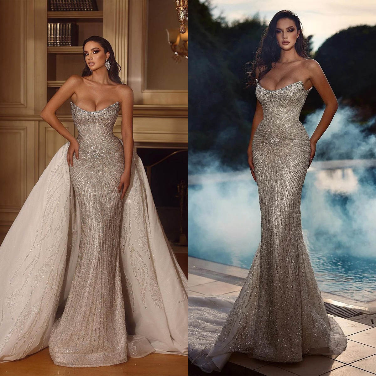New Fashion Mermaid Wedding Dresses Strapless Sleeveless Lace Up Appliques Sequins Embroidery Bridal Gowns Detachable Train Custom Made Vestidos De No