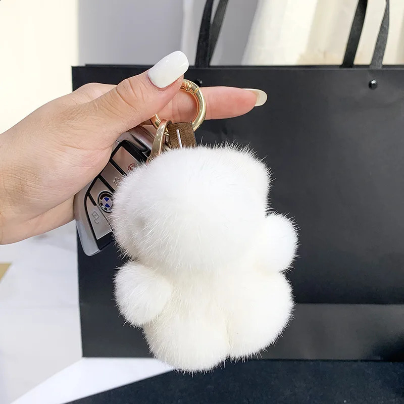 Women Bag Charm Trinkets Car Metal Key Rings Rear View Mirror Ornaments Cute Real Mink Fur Keychain Plush Panda Pendant Kids Toy 241226