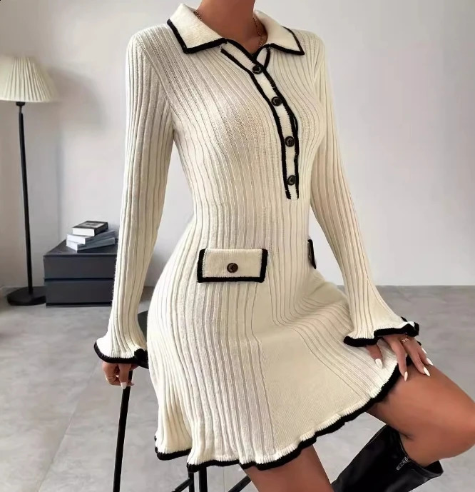 Womens Fashion Elegant Dress Autumn/Winter Small Fragrant Slim Knitted Mini Dress Flame Sleeve Short Skirt 241224