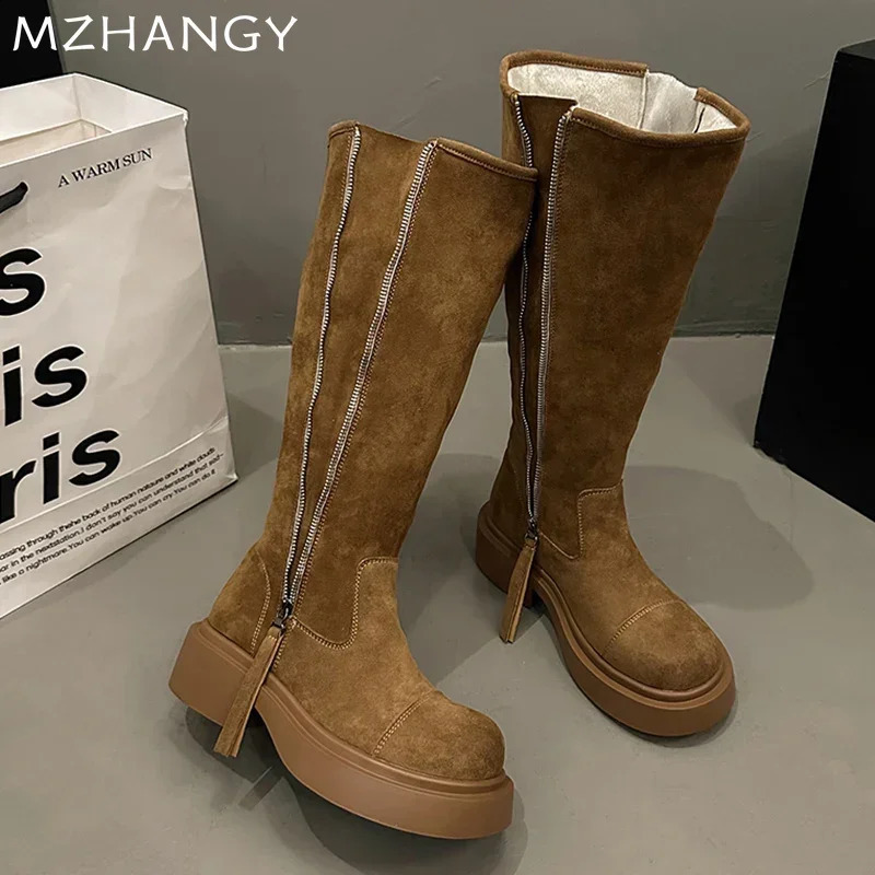 Suede Flats High Boots Women Knee High Zipper Shoes 2025 Trend Fashion Winter Motorcycle Boots Punk Mujer Botas 241226