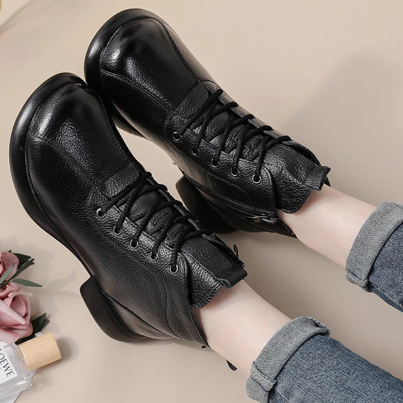 Handmade real leather boots womens autumn waterproof shoes ladies lace up oxfords woman wide toe ankle boots mom plush booties 241226