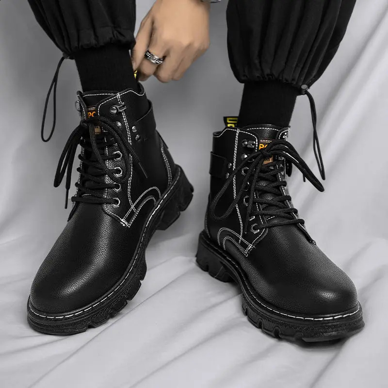 Man Shoes Waterproof High Cut Boots for Men Spring Autumn Lace Up Leather Black Classic Low Price Offer Fashion Sale Casual 241226