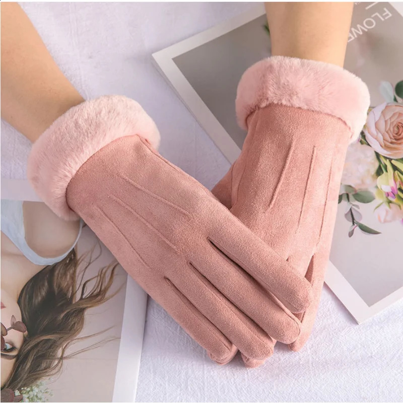 High-quality Women Winter Suede Leather Gloves Touch Screen Driving Gloves Winter Female Thick Plush Wrist Warm Cycling Outdoor 241226
