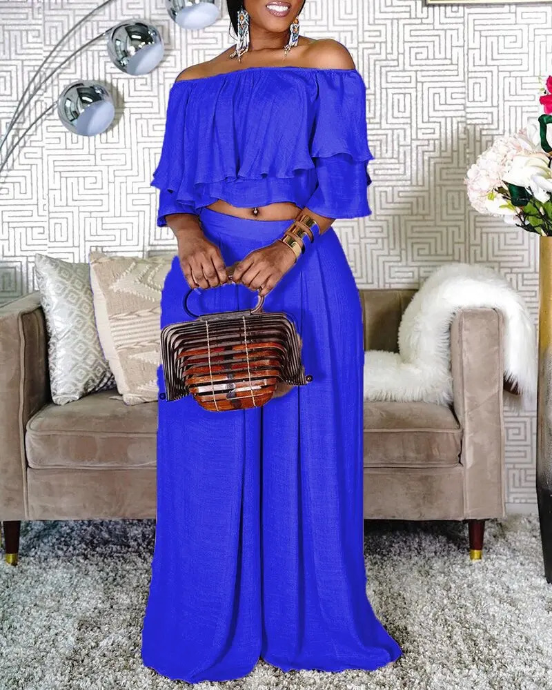 Slash Neck Women Pure Color Two Piece Sets Plus Size Cascading Ruffles Tops Elastic Waist Wideleg Pants Casual Outfits Autumn 241220