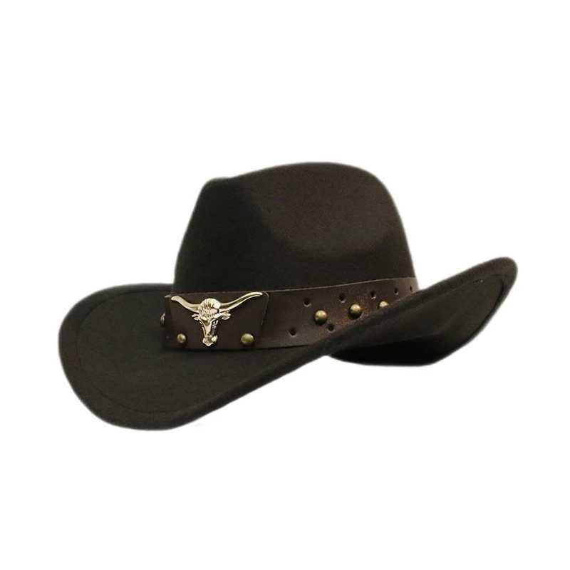 Retro Cow Head Rivet Belt Neutral Womens/Childrens Wool Wide Brown Sun Cowboy Western Cowboy Hat C 54-57-61cm W241225
