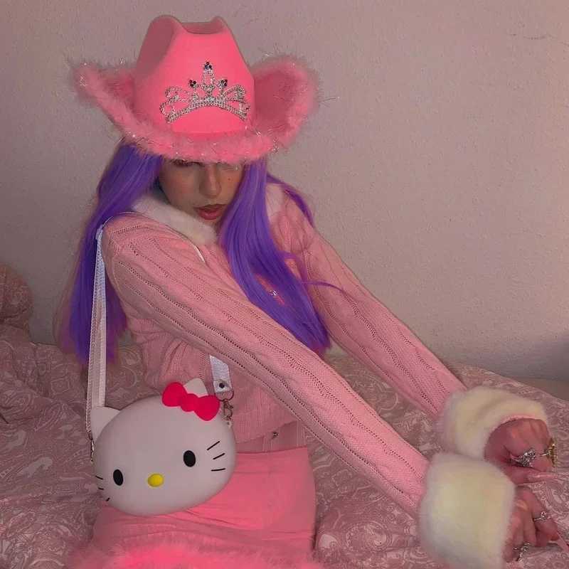 Western Cowboy Cs Pink Cowboy Hat Womens Headwear Luminous Cowboy Hat Holiday Clothing Party Hat Feather Edge Fedora C W241225