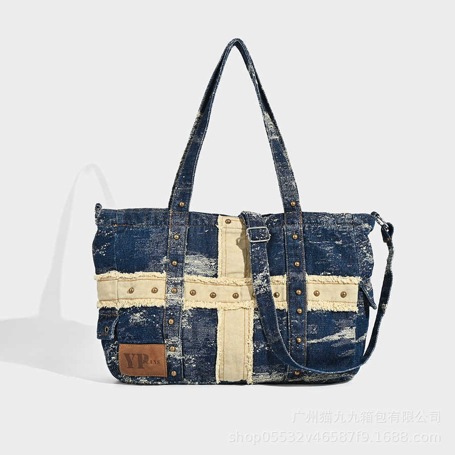 large capacity washed denim bag, fashionable trend tote bag, underarm bag, single shoulder diagonal cross bag 241215