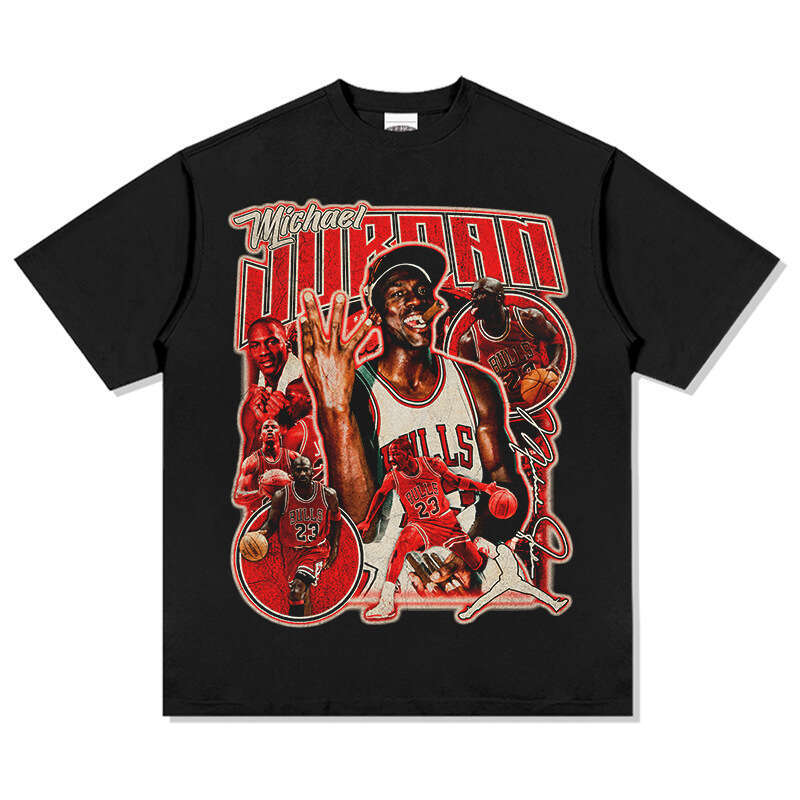 MJ Flying Man Printed Wide Short Sleeve T-shirt Washed American Pure Cotton Round Neck Hoodie