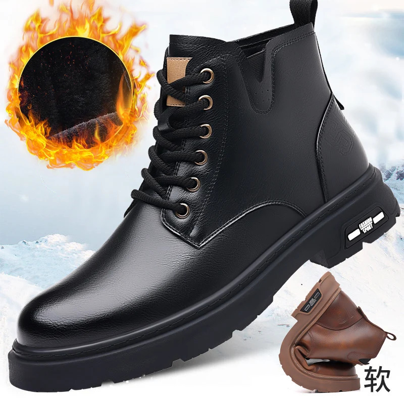 Italian Mens Boots High Top Outdoor Plush y Business Casual Leather Ankle Men Platform Round Toe Boot 241225