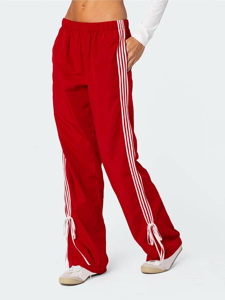 Women Side Striped Sweatpants Elastic Waist Bow Trim Wide Leg Track Pants Y2k Baggy Straight Trousers 241225