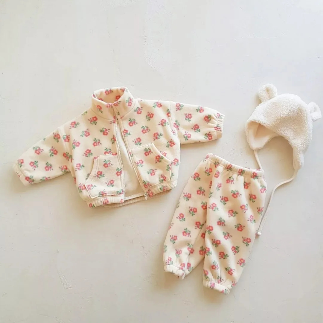 High Collar Floral Shirts Set For Baby Boy And Girl Thick Cotton Tops Pants Monochrome Plus Velvet Warm Kids Autumn 241225